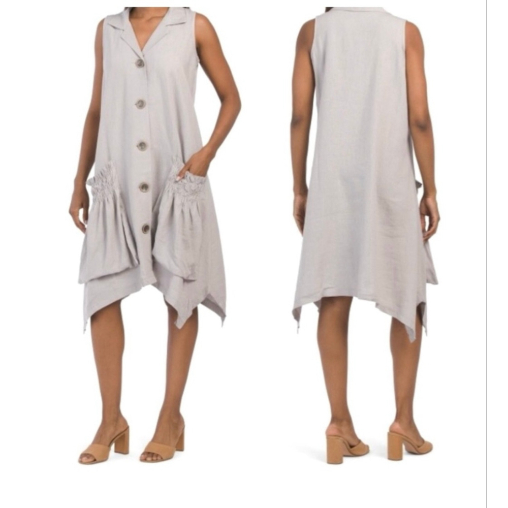For Cynthia Gray Linen Blend Boho Shark Bite Button Medium Dress Lagenlook